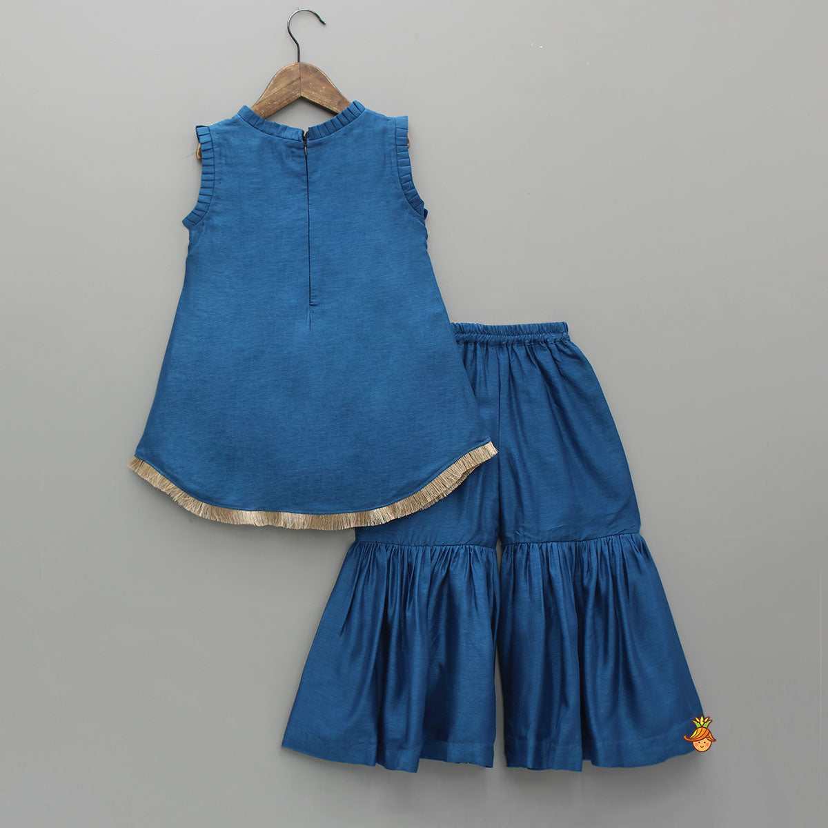 Pre Order: Blue Pleat Detailed Zari Embroidered Kurti With Sharara And Dupatta