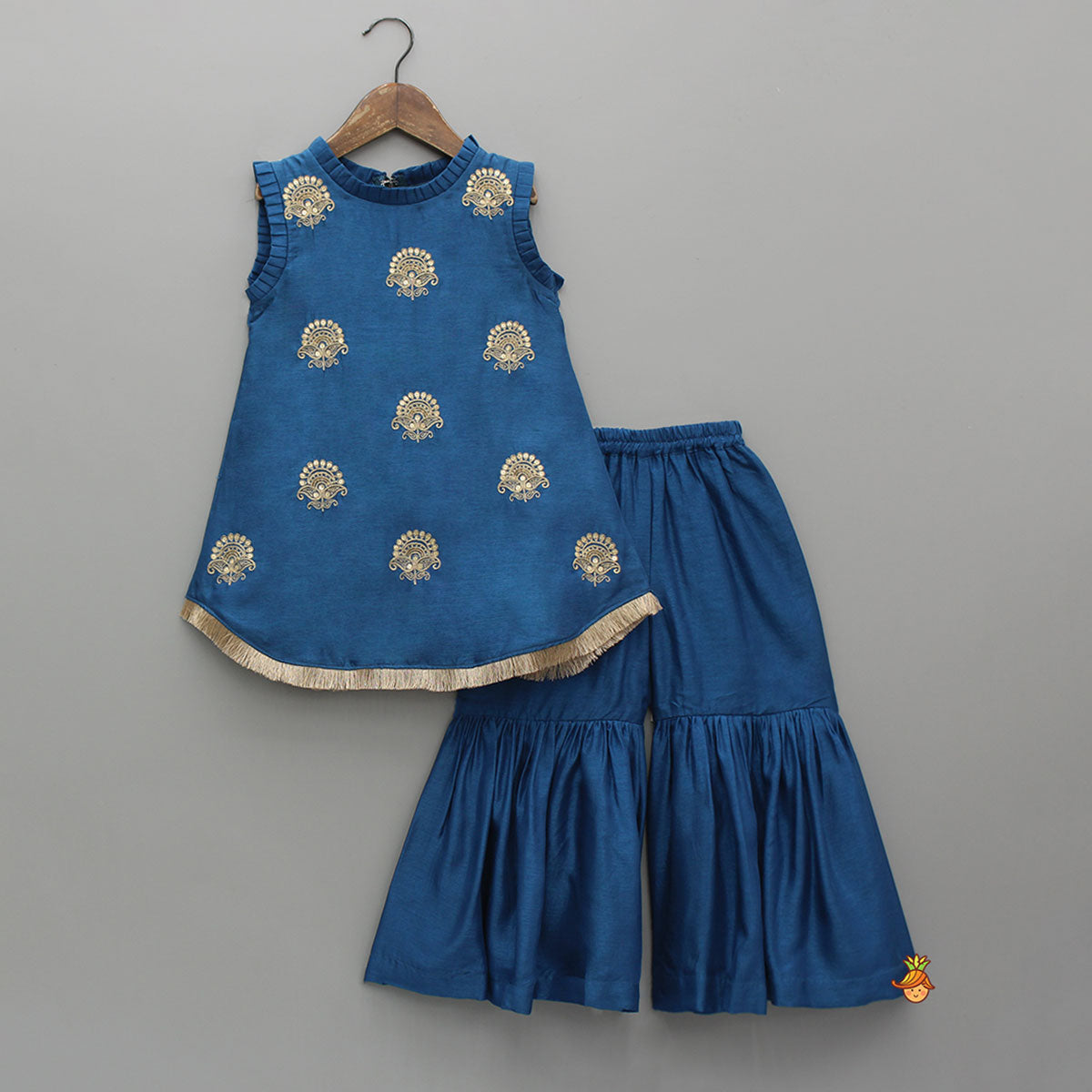Pre Order: Blue Pleat Detailed Zari Embroidered Kurti With Sharara And Dupatta