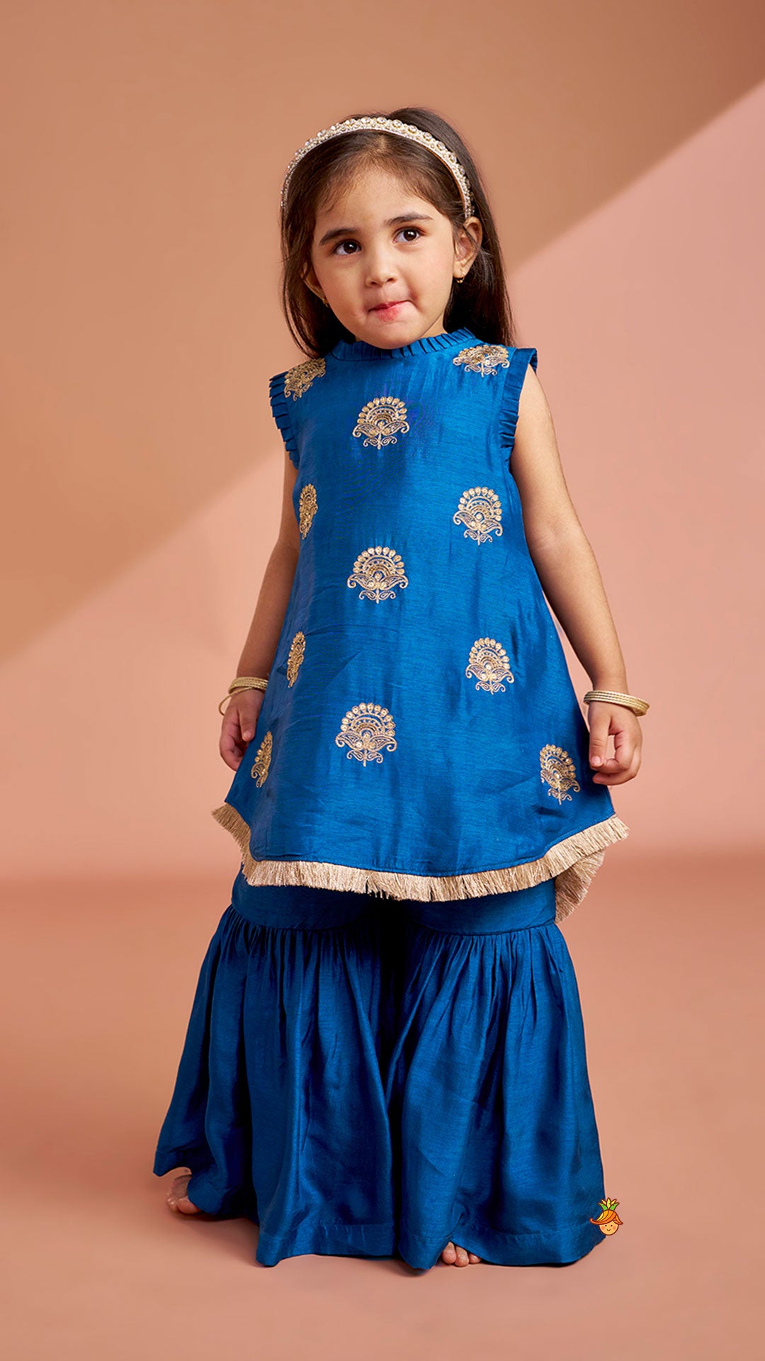 Pre Order: Pleat Detailed Zari Embroidered Kurti With Sharara And Dupatta