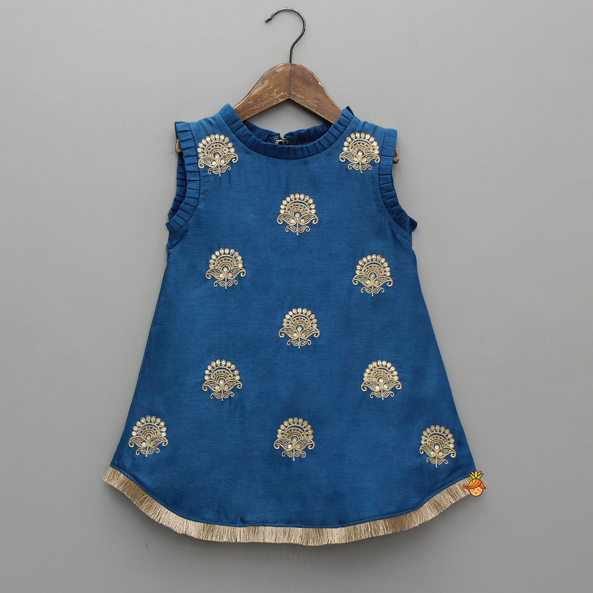Pre Order: Blue Pleat Detailed Zari Embroidered Kurti With Sharara And Dupatta