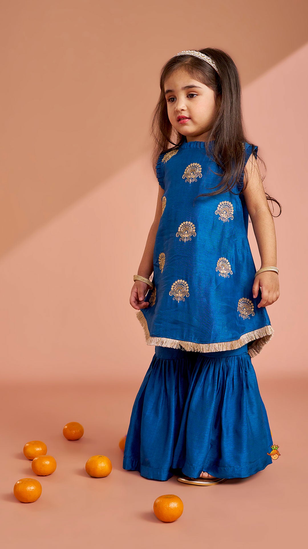 Pre Order: Pleat Detailed Zari Embroidered Kurti With Sharara And Dupatta