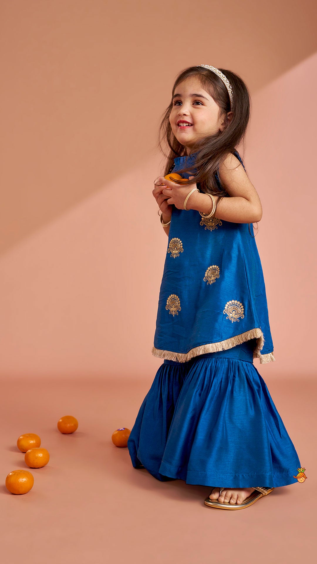 Pre Order: Pleat Detailed Zari Embroidered Kurti With Sharara And Dupatta