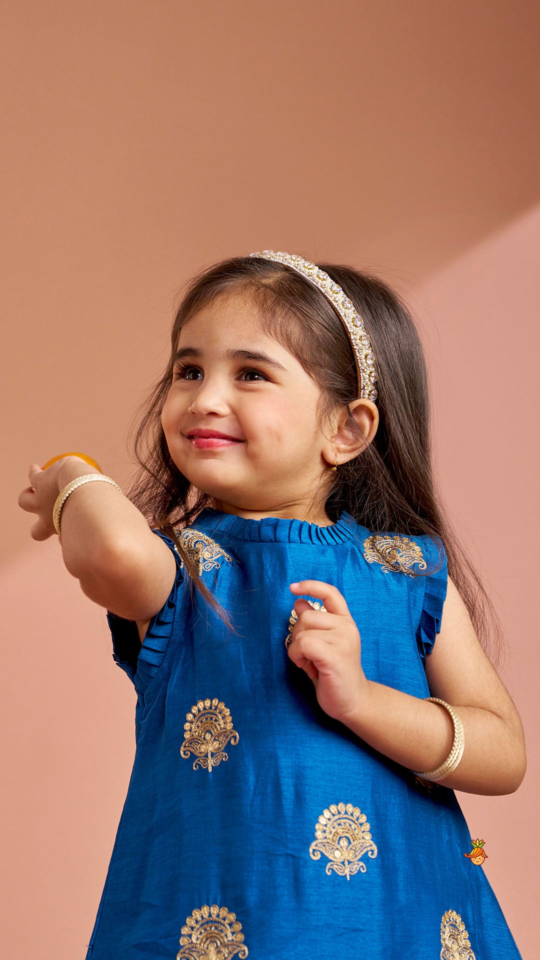 Pre Order: Pleat Detailed Zari Embroidered Kurti With Sharara And Dupatta