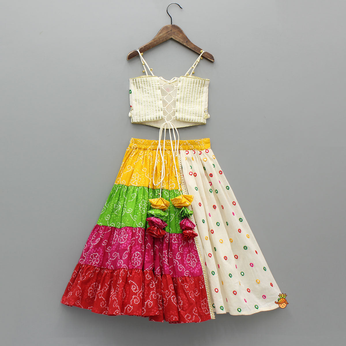 Pre Order: Exquisite Strappy Embellished Top With Multicolour Bandhani Printed Lehenga And Dupatta