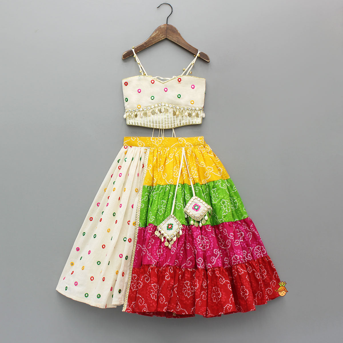Pre Order: Exquisite Strappy Embellished Top With Multicolour Bandhani Printed Lehenga And Dupatta