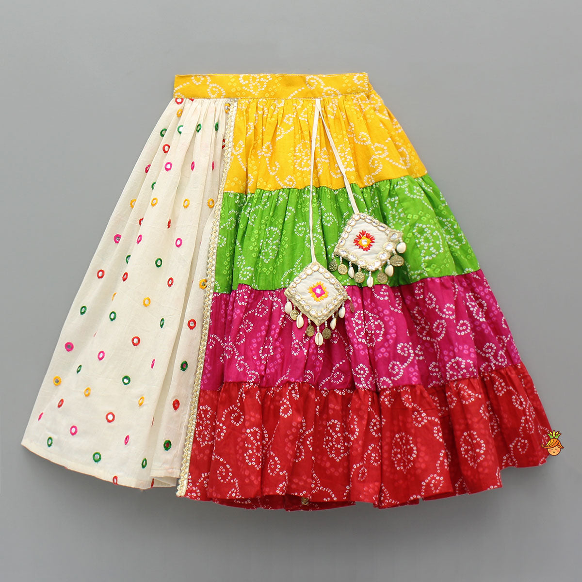 Pre Order: Exquisite Strappy Embellished Top With Multicolour Bandhani Printed Lehenga And Dupatta