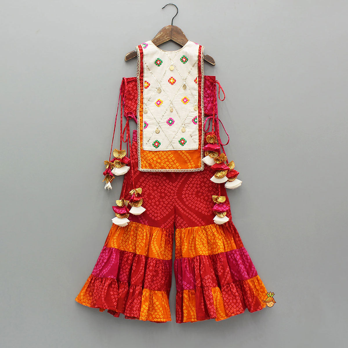 Pre Order: Stunning Bandhani Printed Embellished Top With Sharara And Dupatta