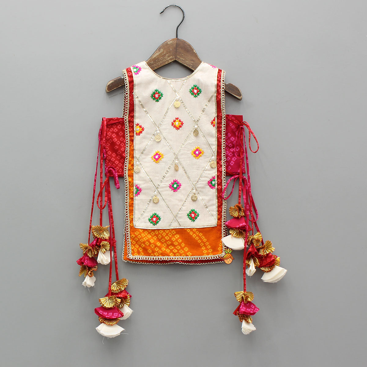 Pre Order: Stunning Bandhani Printed Embellished Top With Sharara And Dupatta