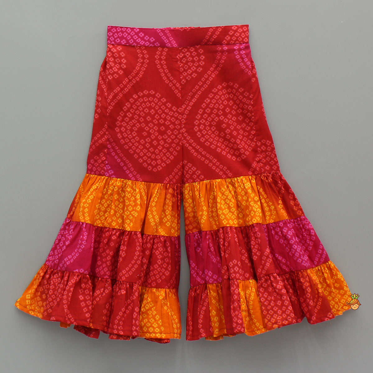 Pre Order: Stunning Bandhani Printed Embellished Top With Sharara And Dupatta