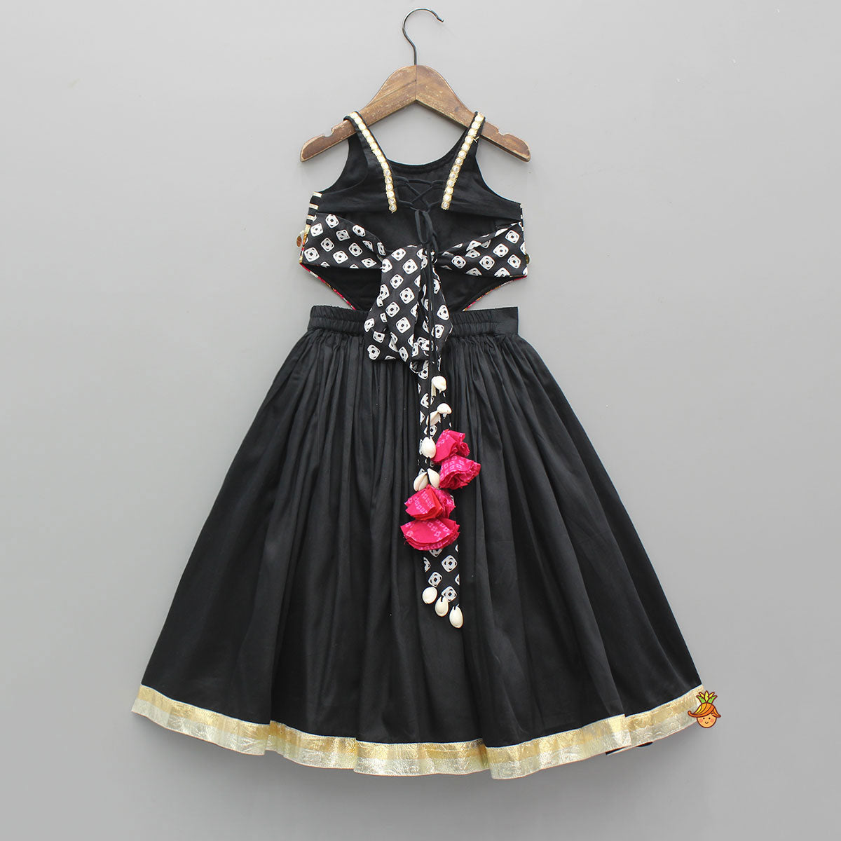 Pre Order: Black Embellished Faux Mirror Embroidered Top With Tiered Lehenga And Dupatta With Bandana