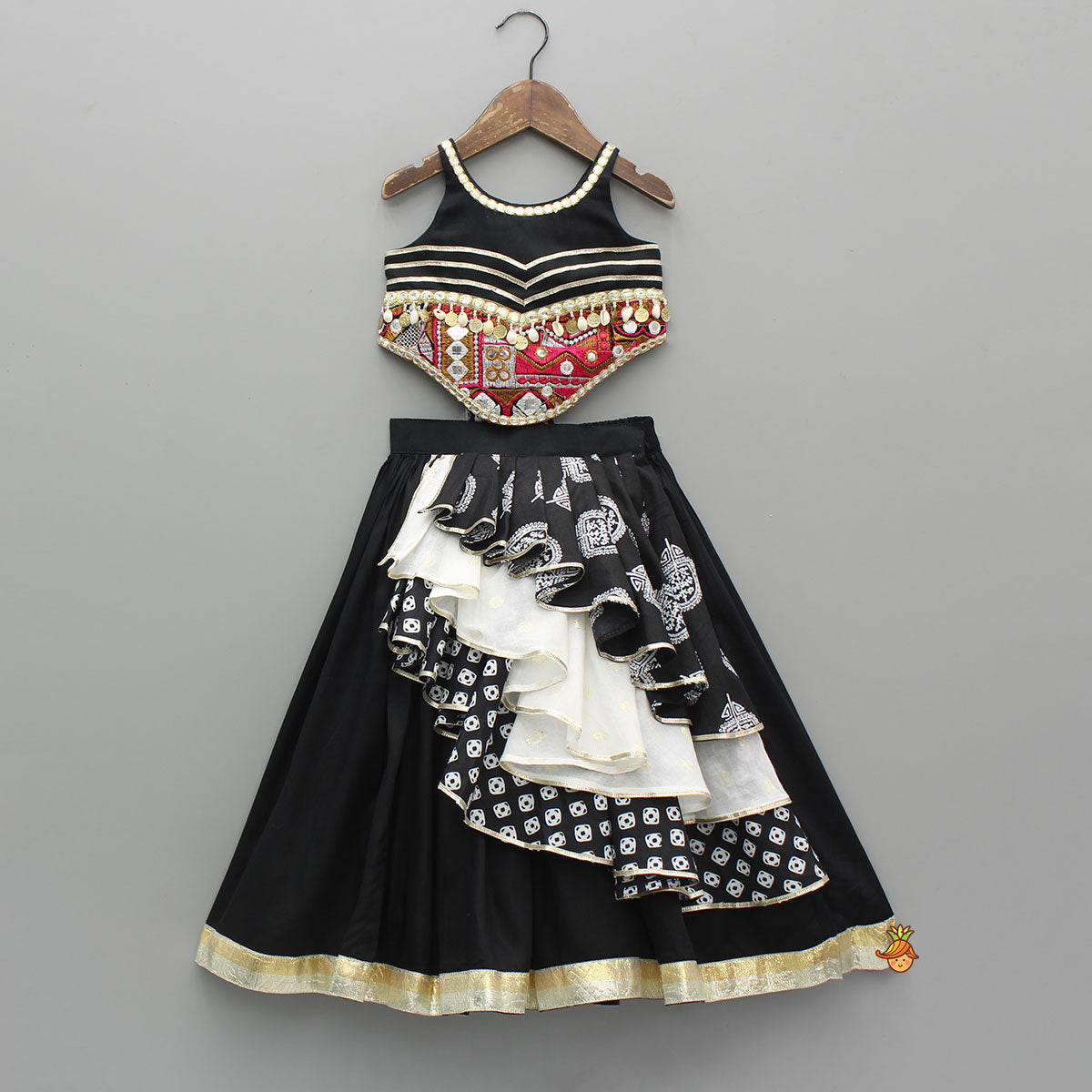 Pre Order: Black Embellished Faux Mirror Embroidered Top With Tiered Lehenga And Dupatta With Bandana