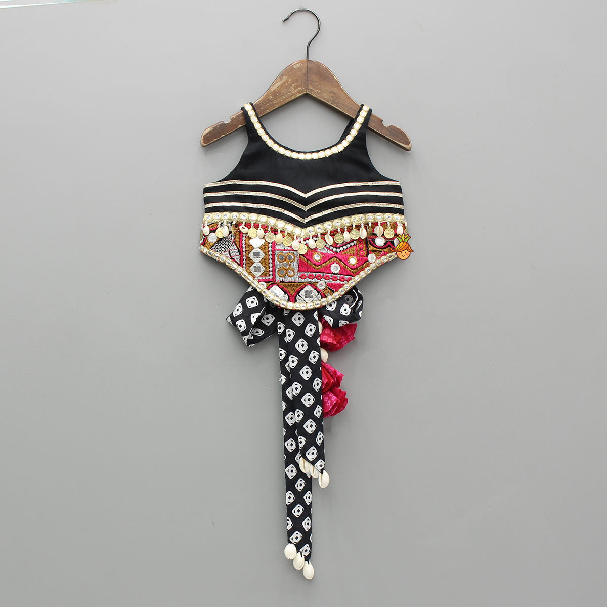 Pre Order: Black Embellished Faux Mirror Embroidered Top With Tiered Lehenga And Dupatta With Bandana