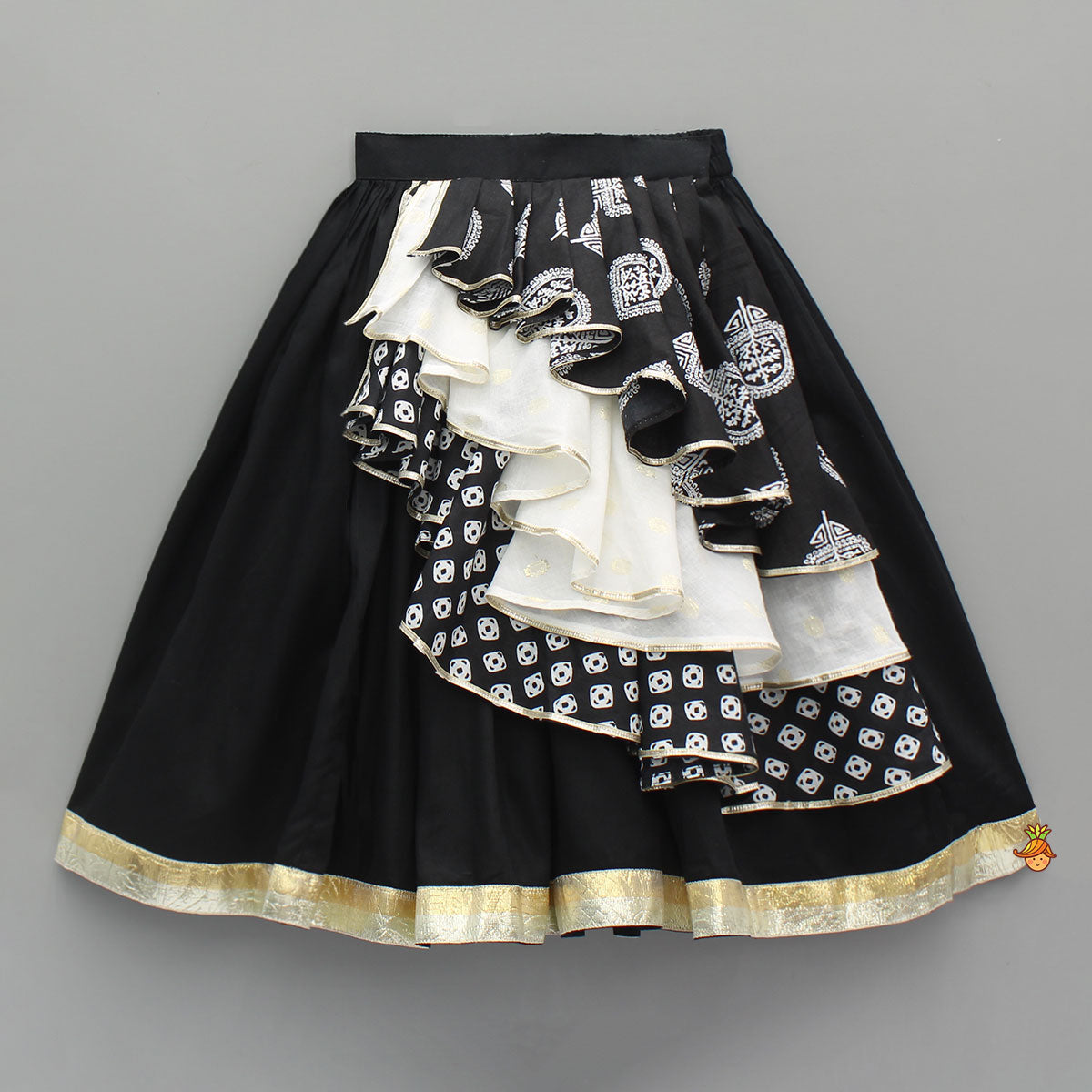 Pre Order: Black Embellished Faux Mirror Embroidered Top With Tiered Lehenga And Dupatta With Bandana