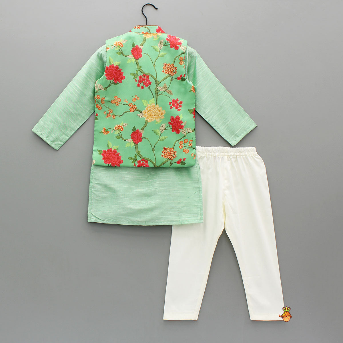 Pre Order: Green Ethnic Kurta With Floral Printed Jacket And Pyjama