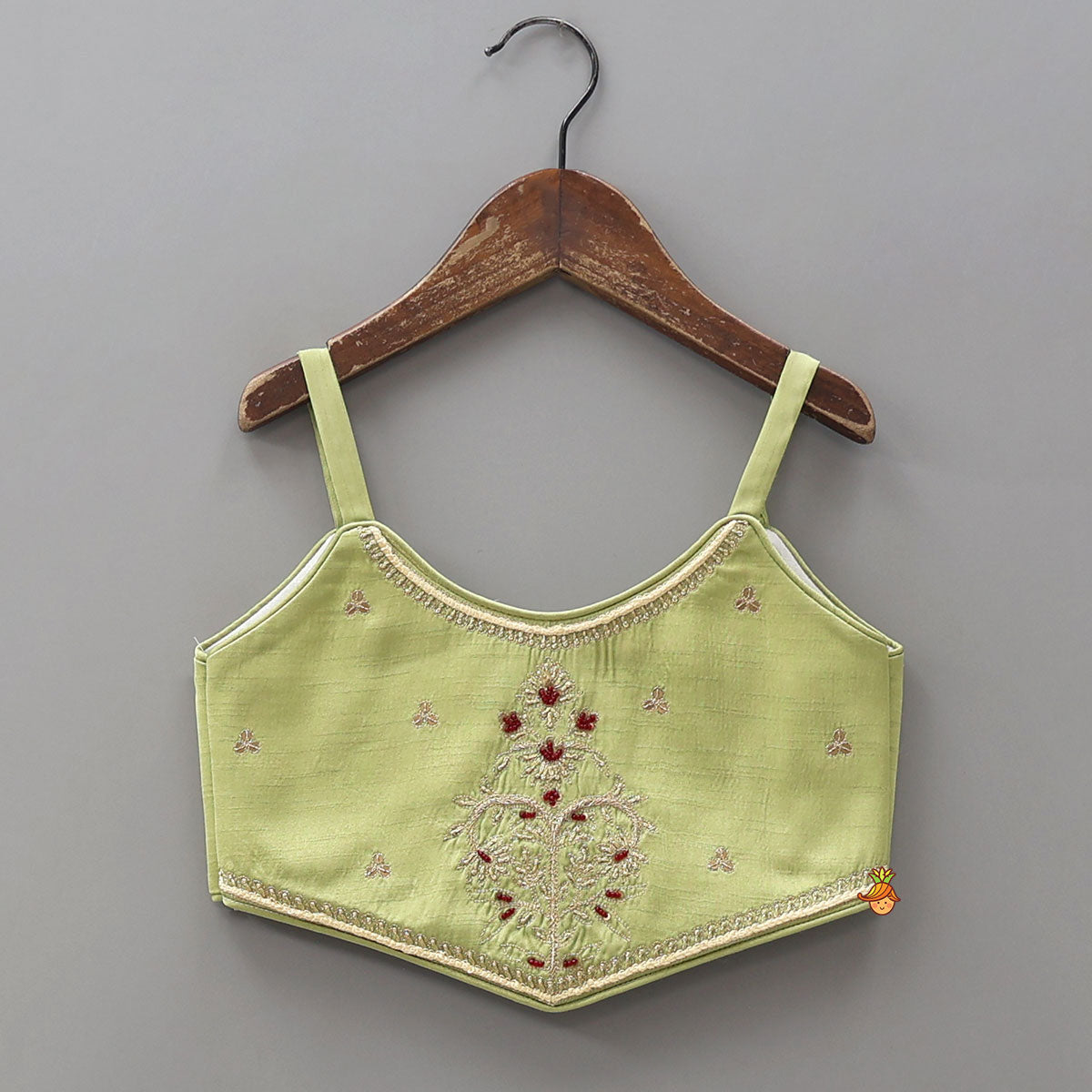 Pre Order: Strappy Green Embroidered Yoke Top And Brocade Lehenga
