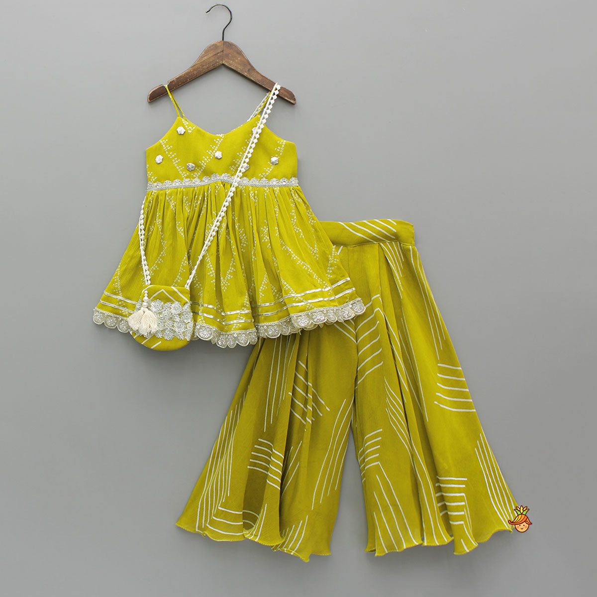 Pre Order: Bandhani Printed Strappy Peplum Kurti With Palazzo And Small Bag