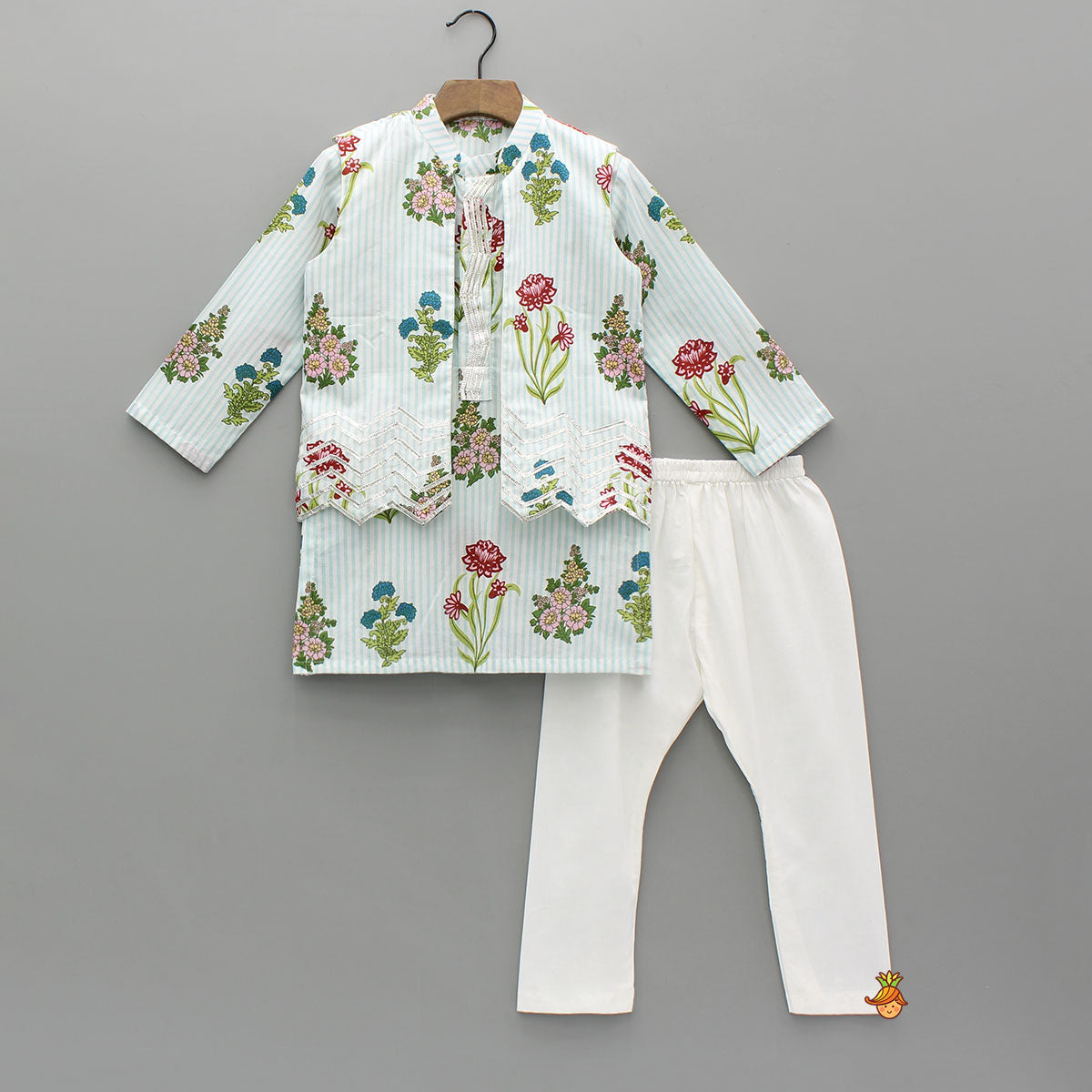 Pre Order: Floral Printed Striped Kurta With Front Open Floral Jacket And Pyjama