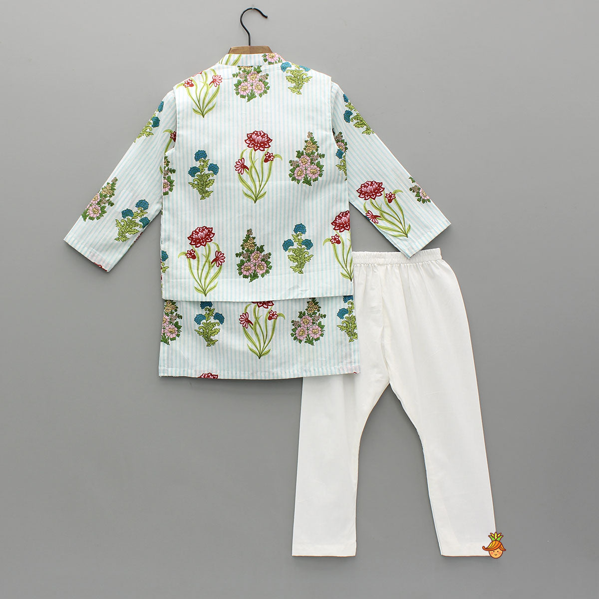 Pre Order: Floral Printed Striped Kurta With Front Open Floral Jacket And Pyjama