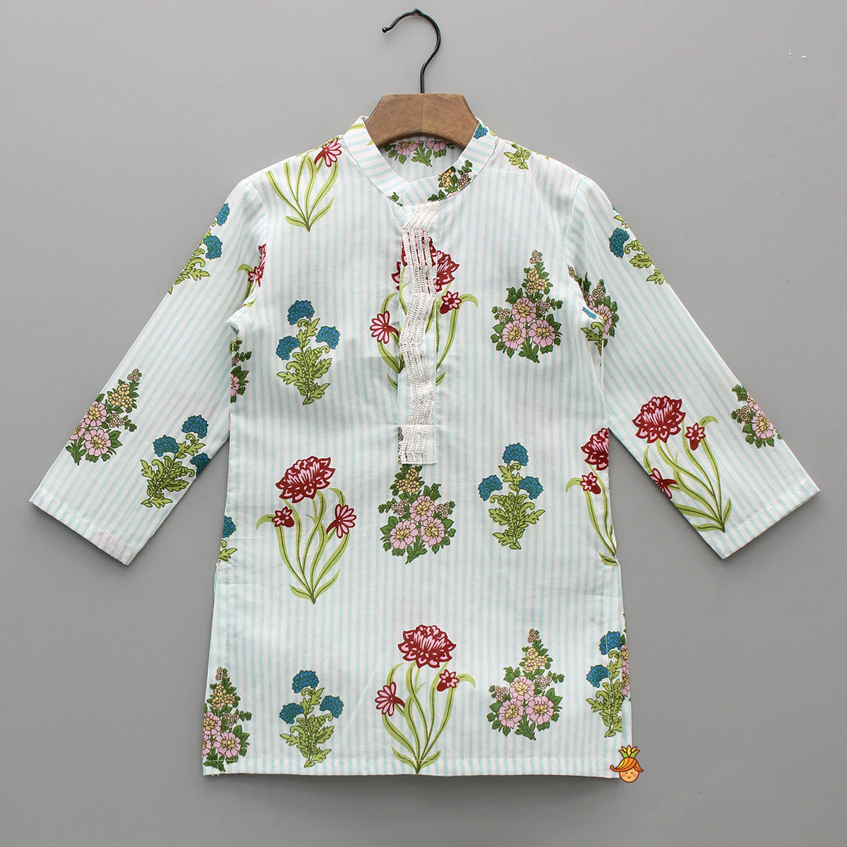 Pre Order: Floral Printed Striped Kurta With Front Open Floral Jacket And Pyjama