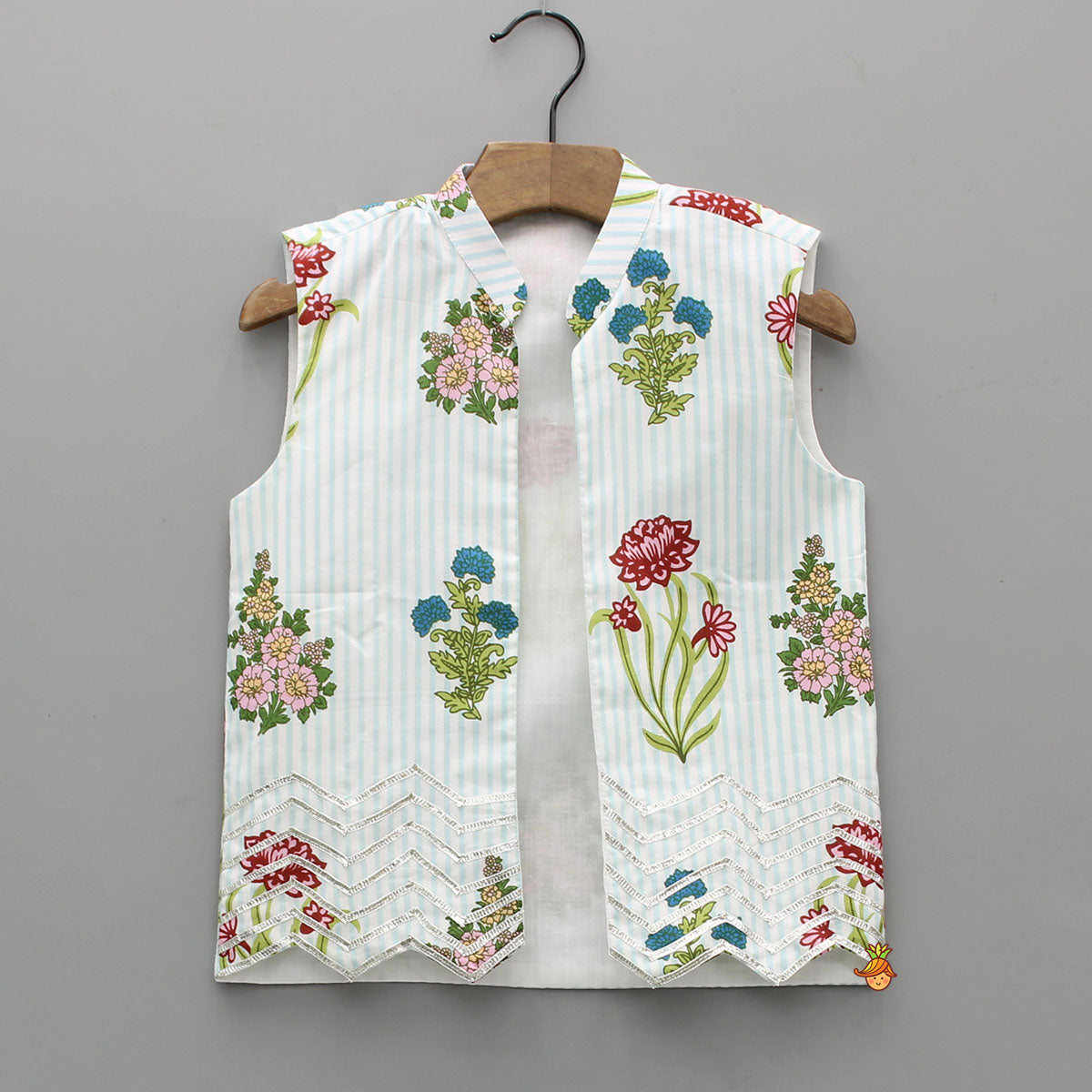Pre Order: Floral Printed Striped Kurta With Front Open Floral Jacket And Pyjama