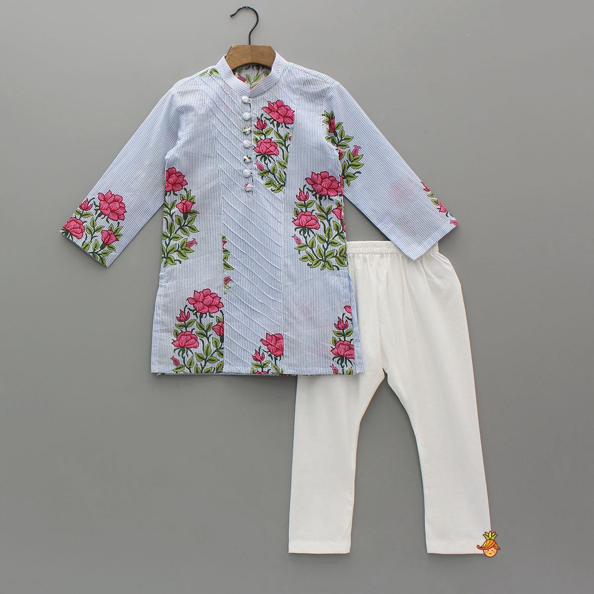 Pre Order: Floral Printed Striped Cotton Kurta With Pyjama