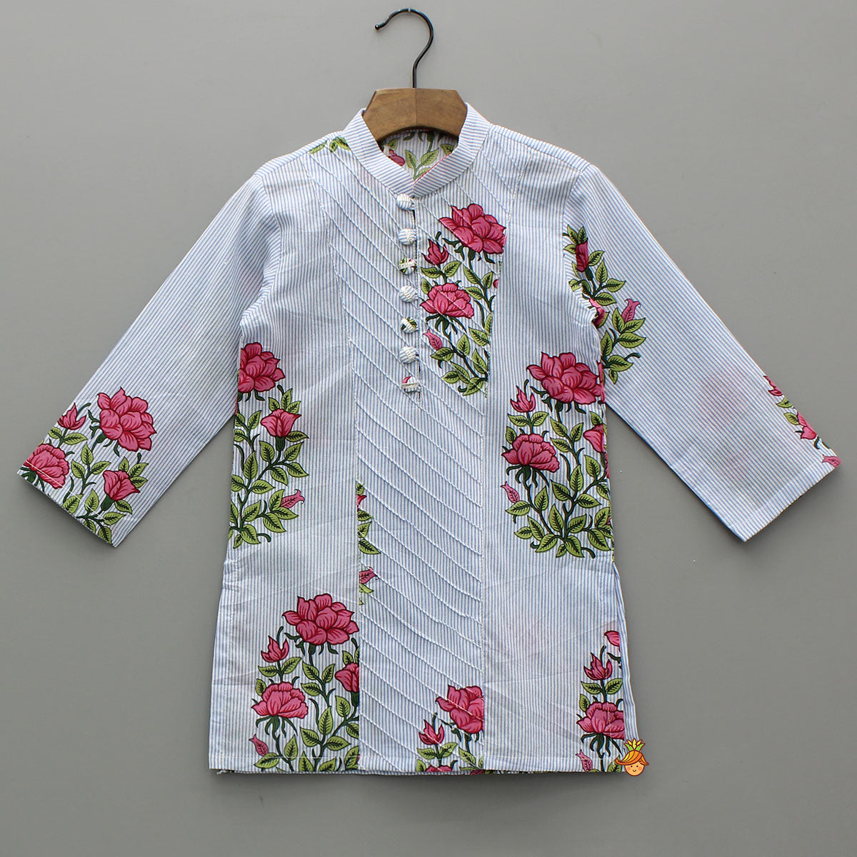 Pre Order: Floral Printed Striped Cotton Kurta With Pyjama