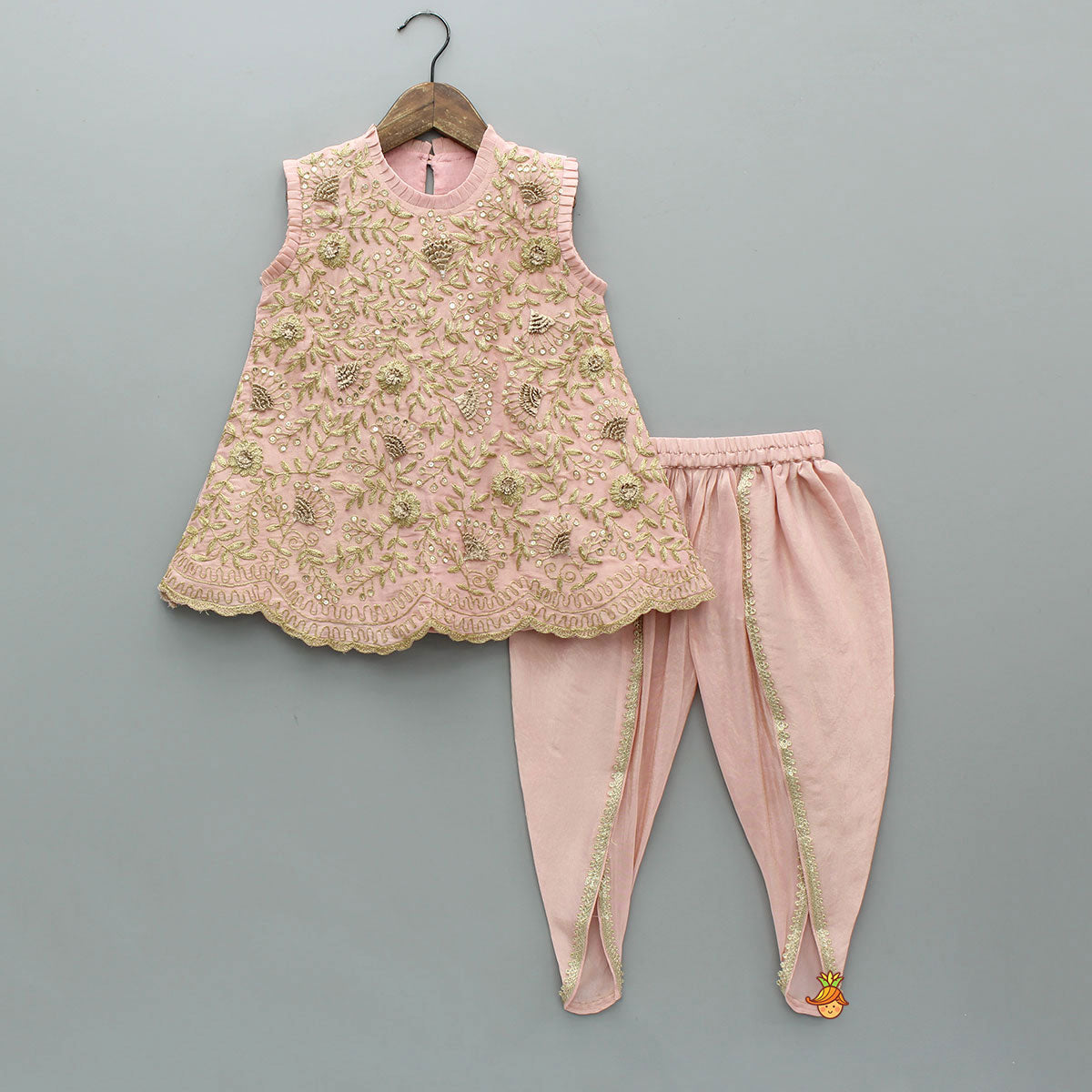 Pre Order: Stunning Shimmery Floral Embroidered Pleat Detailed Top With Shimmery Dhoti And Dupatta