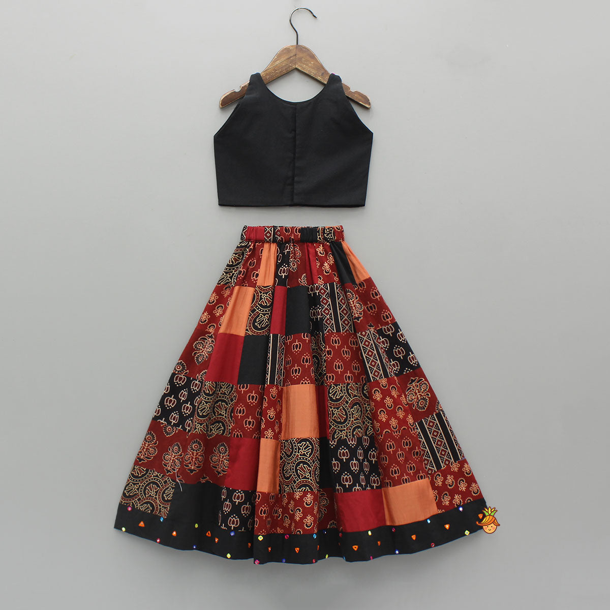 Pre Order: Mirror Embroidered Sleeveless Top With Printed Lehenga And Dupatta