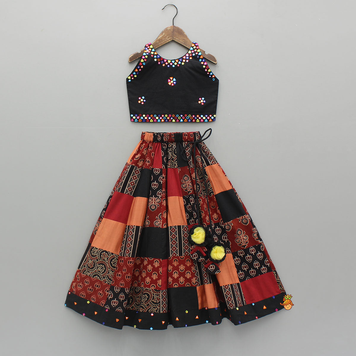 Pre Order: Mirror Embroidered Sleeveless Top With Printed Lehenga And Dupatta