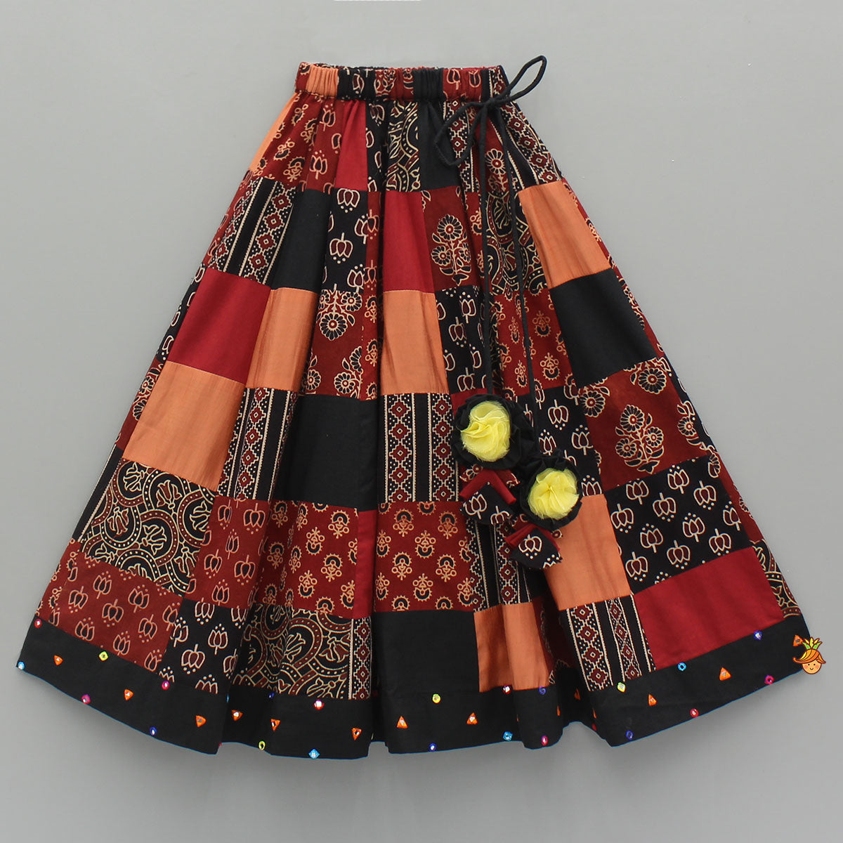 Pre Order: Mirror Embroidered Sleeveless Top With Printed Lehenga And Dupatta