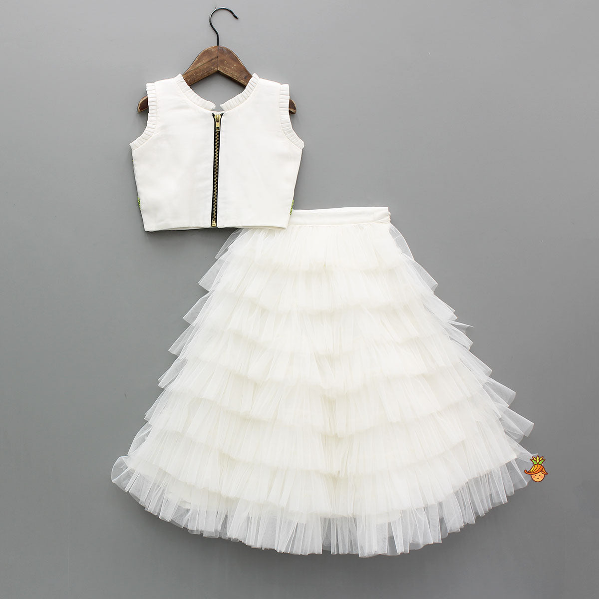 Pre Order: Floral Beaded Pleat Detailed Top With Tiered Ruffle Lehenga