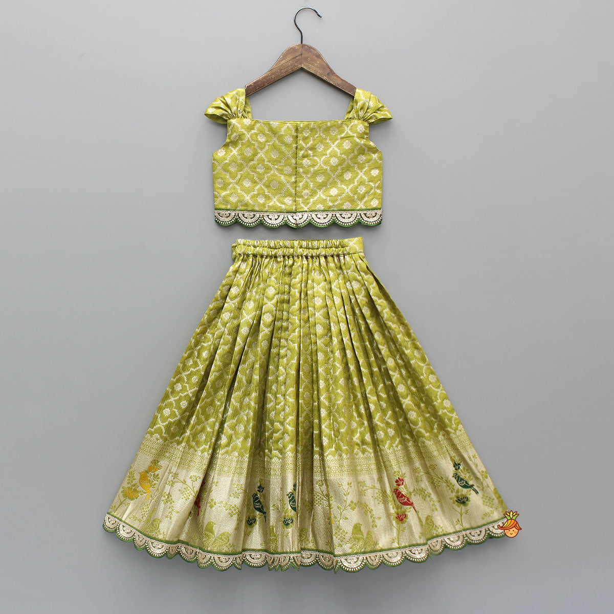 Pre Order: Green Scallop Brocade Top With Pleat Detailed Brocade Lehenga