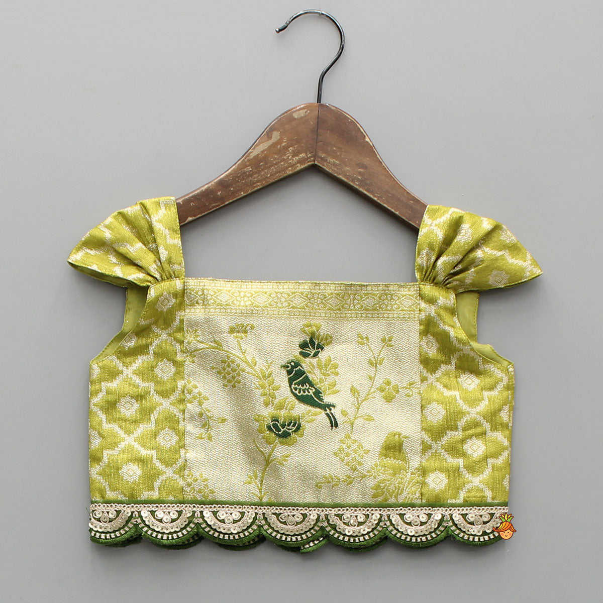 Pre Order: Green Scallop Brocade Top With Pleat Detailed Brocade Lehenga