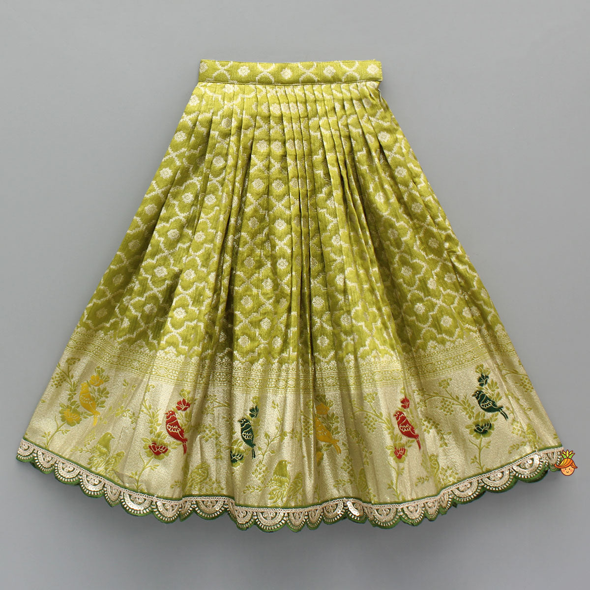 Pre Order: Green Scallop Brocade Top With Pleat Detailed Brocade Lehenga