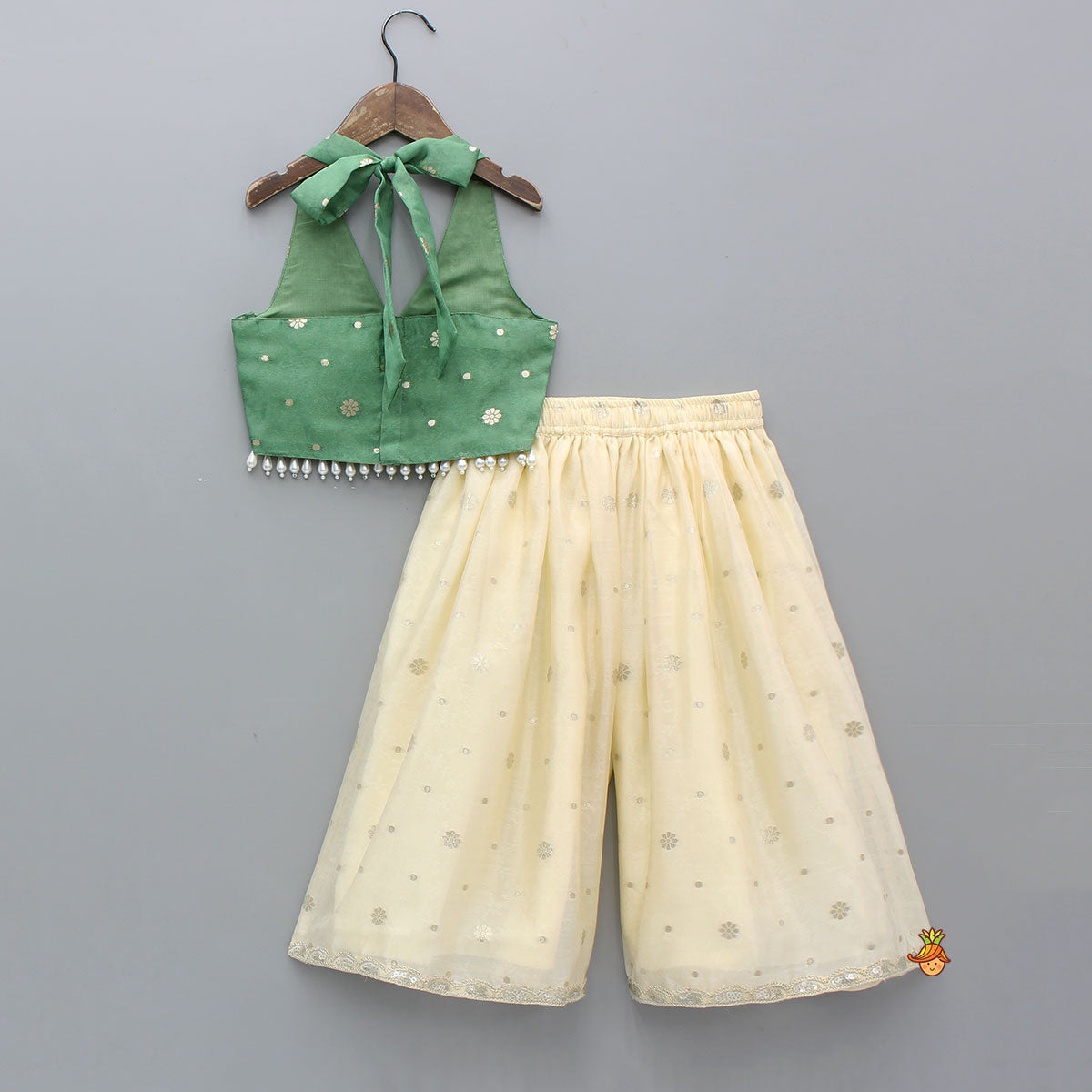 Pre Order: Beautiful Green Embroidered Halter Neck Top With Flared Palazzo