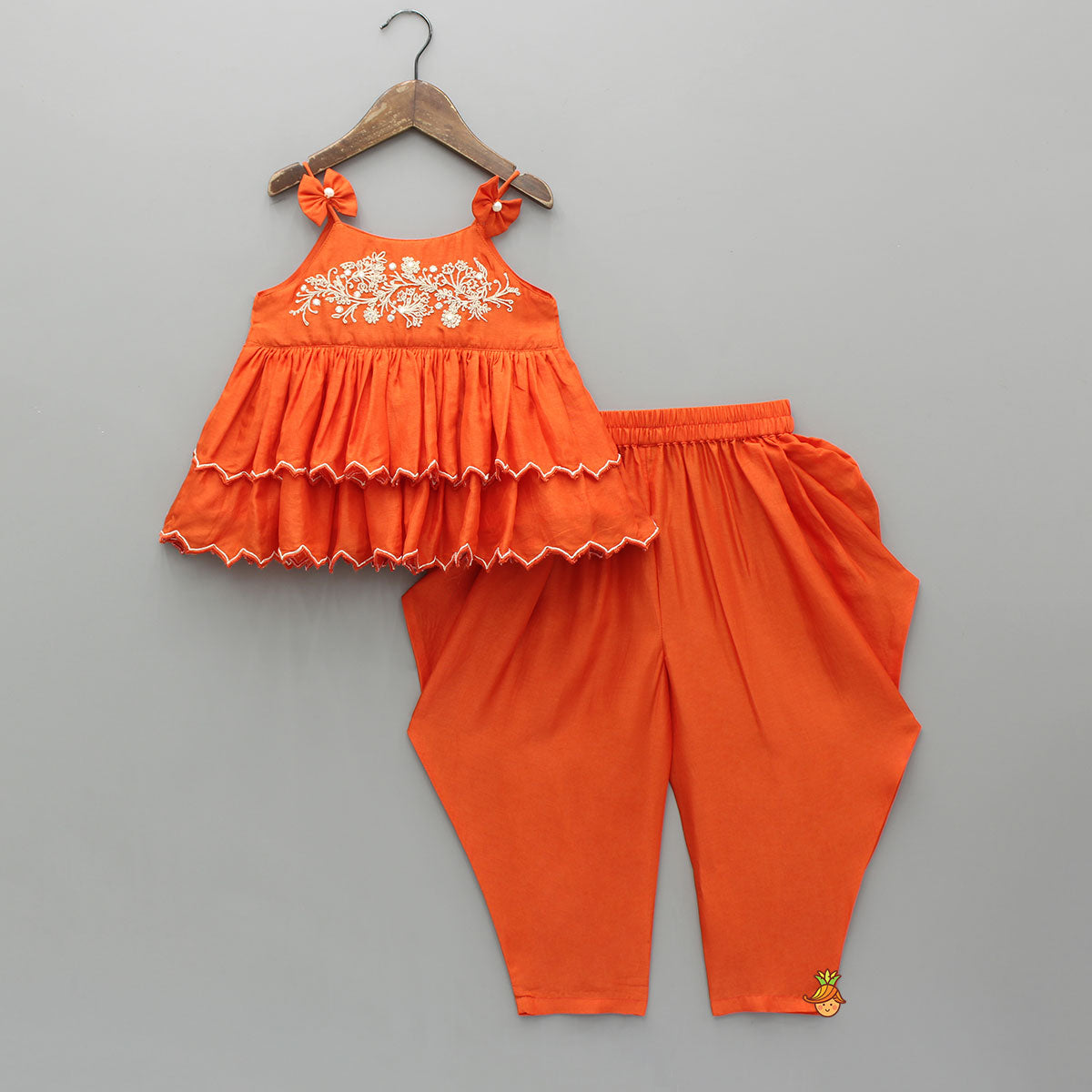 Pre Order: Adorable Bow Detailed Embroidered Tiered Top With Dhoti