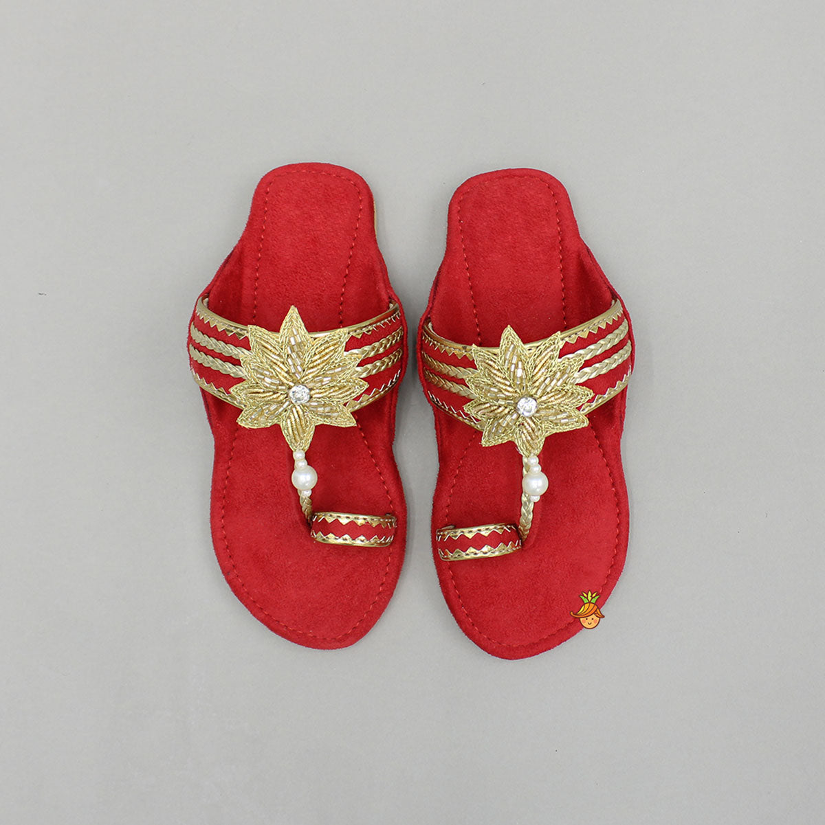 Red Floral Braided Kolhapuri Flats