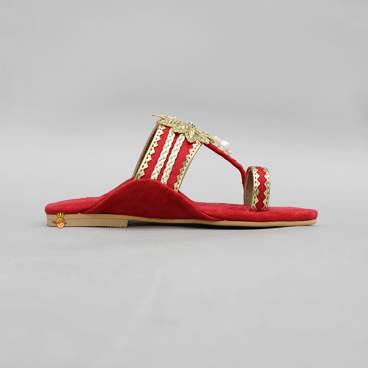 Red Floral Braided Kolhapuri Flats