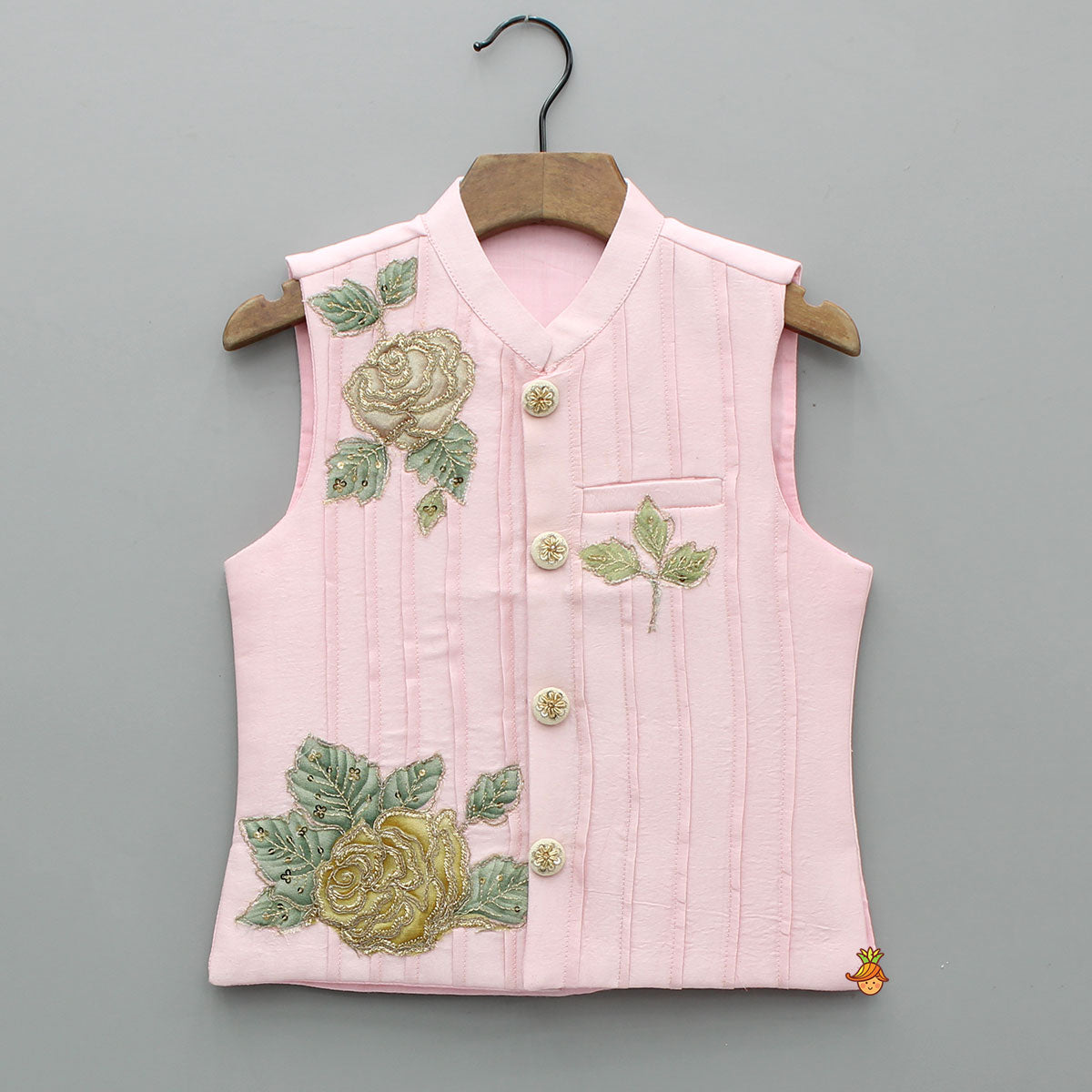 Pre Order: Pink Kurta With Floral Embroidered Jacket And Pyjama