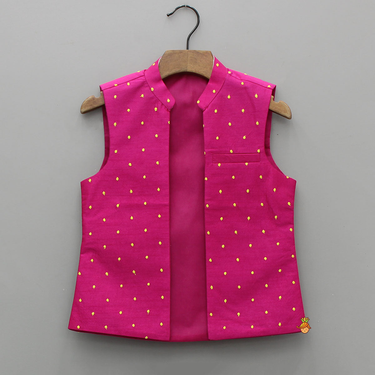 Pre Order: Pink Kurta With Polka Dots Embroidered Jacket And Pyjama