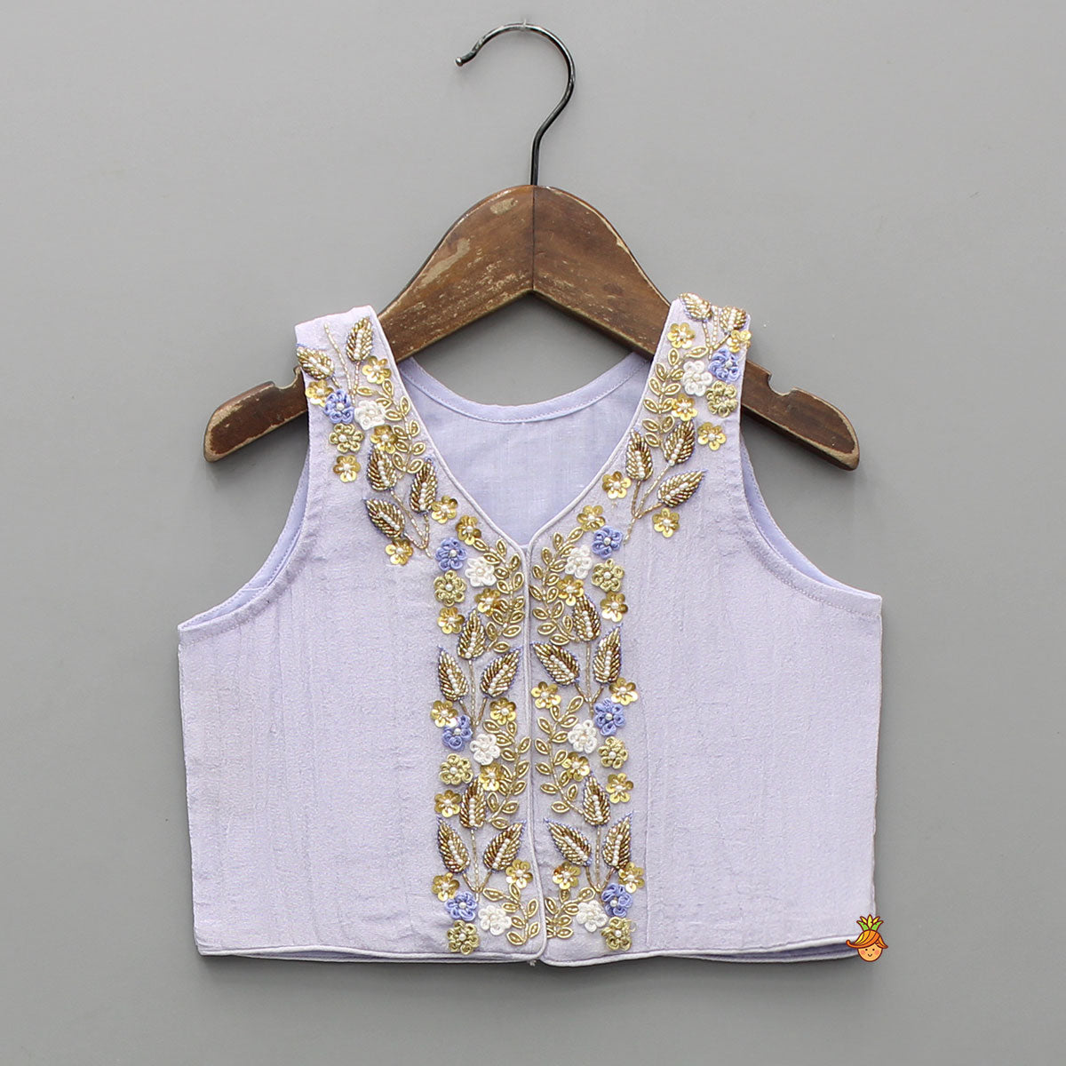 Pre Order: Sleeveless Floral Embroidered Sheen Lavender Top With Shimmery Lehenga