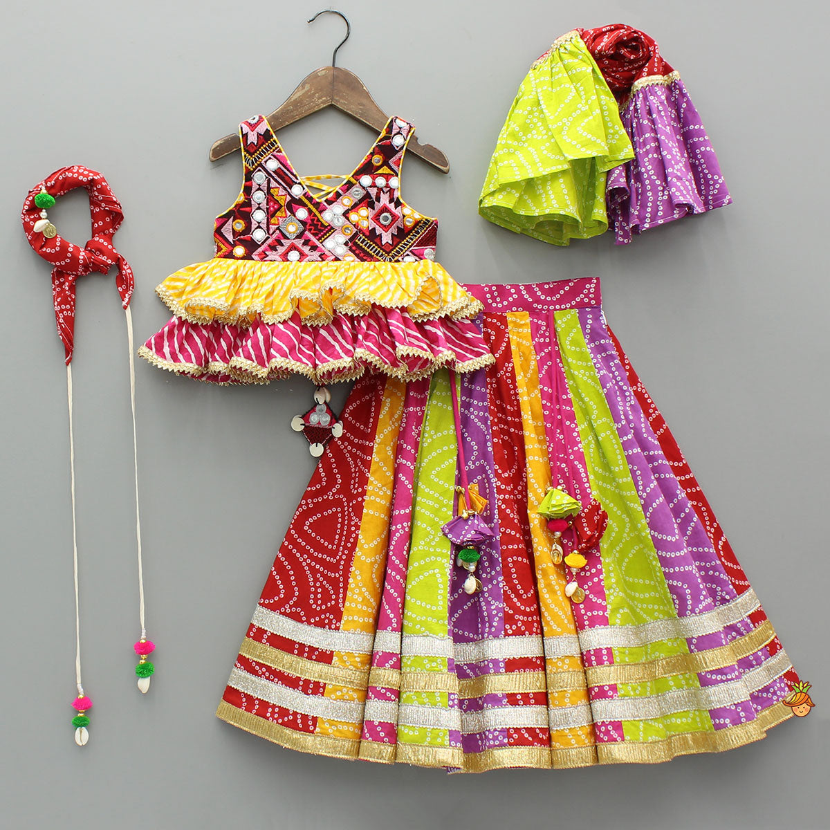 Pre Order: Faux Mirror Embroidered Colourful Tiered Top With Multicolour Bandhani Lehenga And Dupatta With Bandana