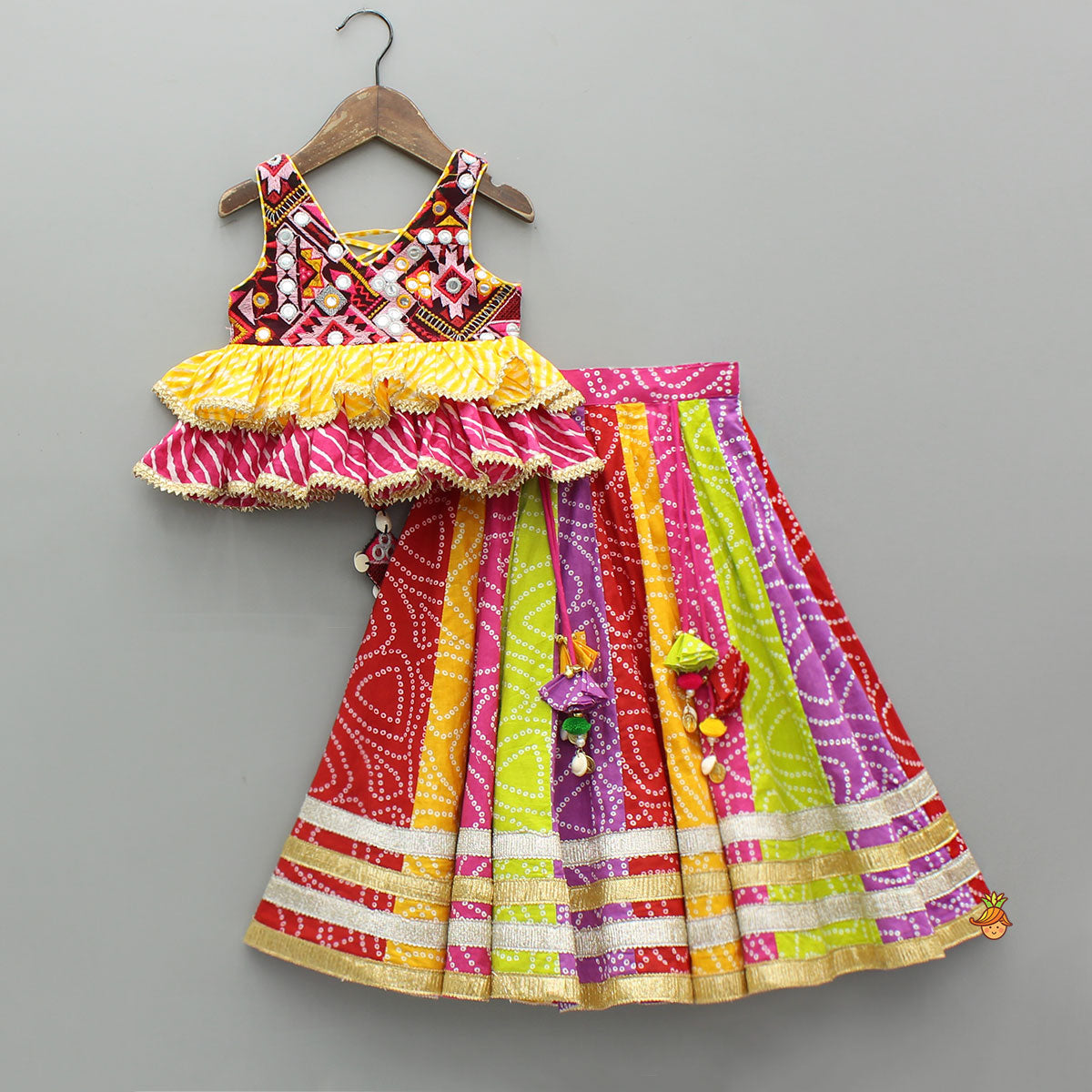 Pre Order: Faux Mirror Embroidered Colourful Tiered Top With Multicolour Bandhani Lehenga And Dupatta With Bandana
