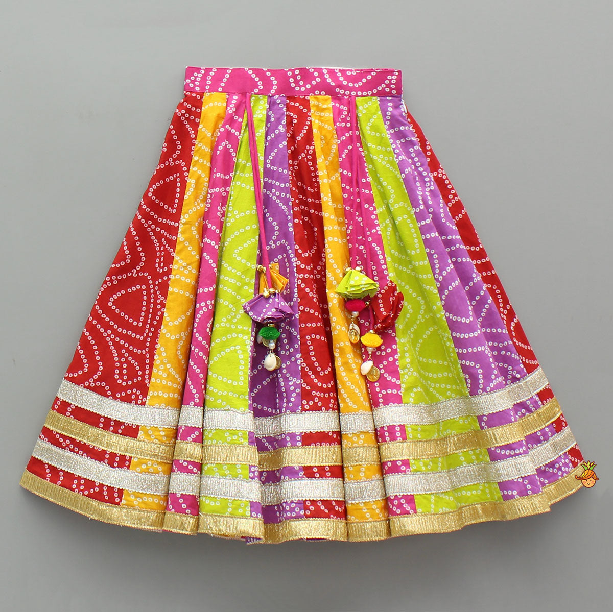 Pre Order: Faux Mirror Embroidered Colourful Tiered Top With Multicolour Bandhani Lehenga And Dupatta With Bandana