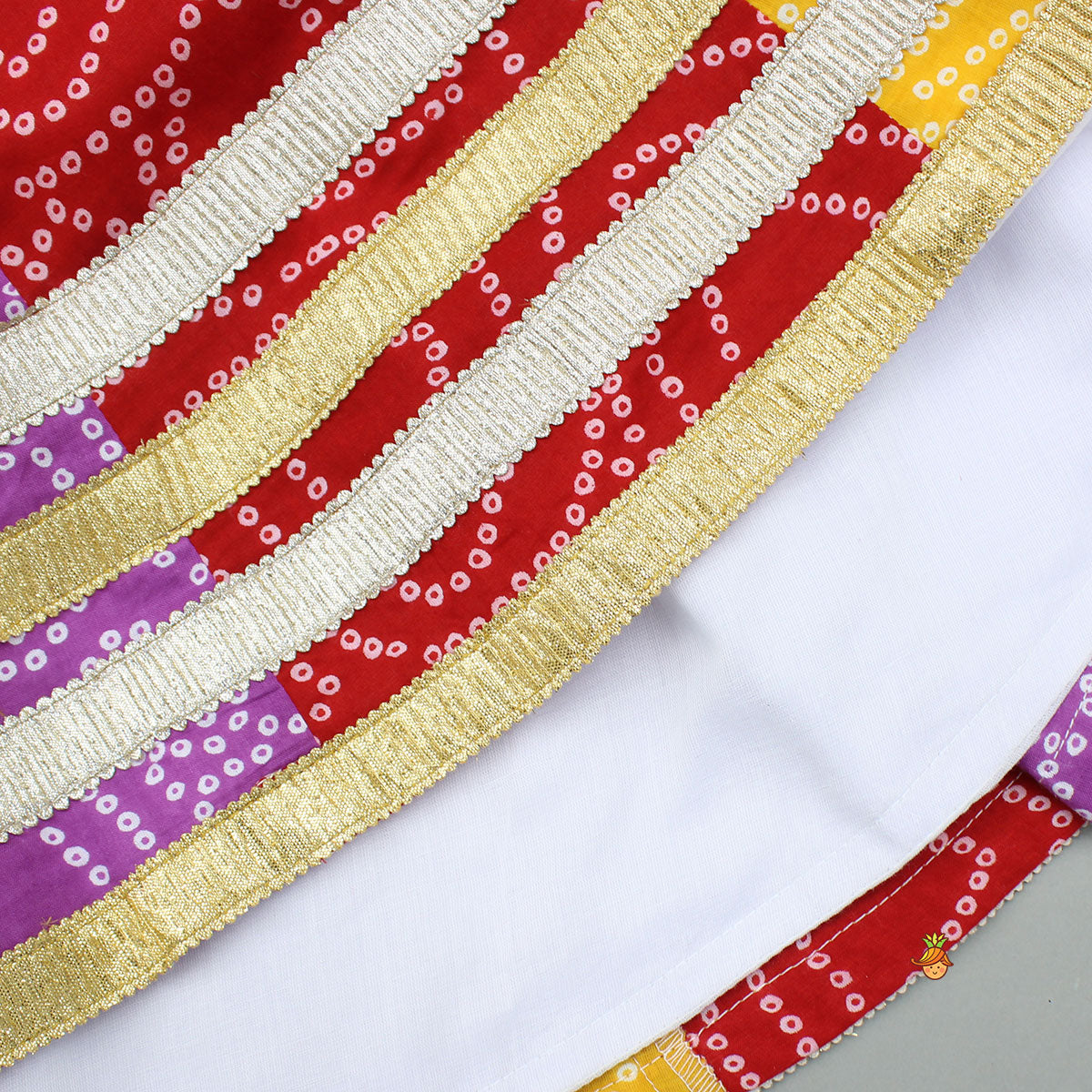 Pre Order: Faux Mirror Embroidered Colourful Tiered Top With Multicolour Bandhani Lehenga And Dupatta With Bandana