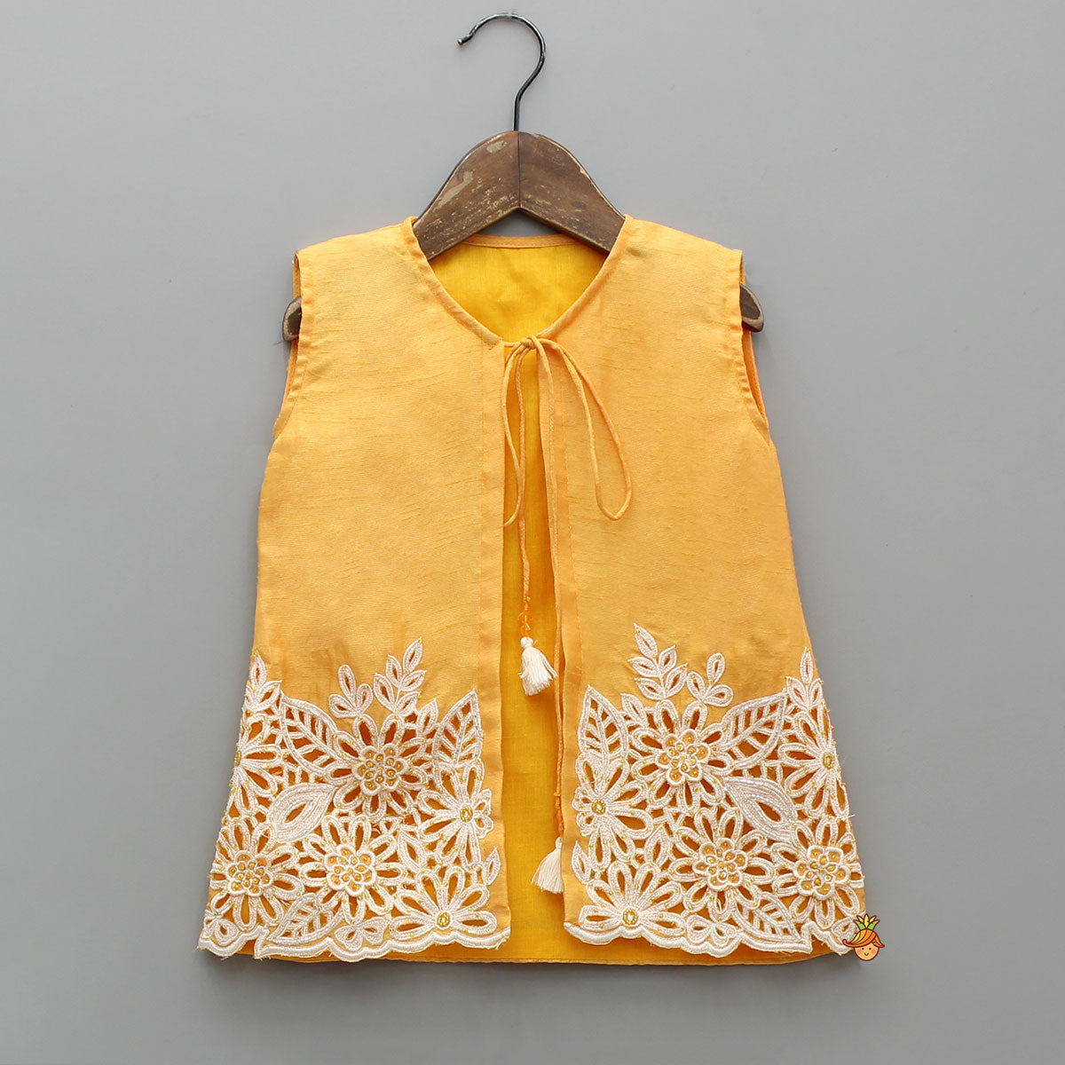 Pre Order: Sleeveless Orange Top With Tie Up Embroidered Jacket And Palazzo
