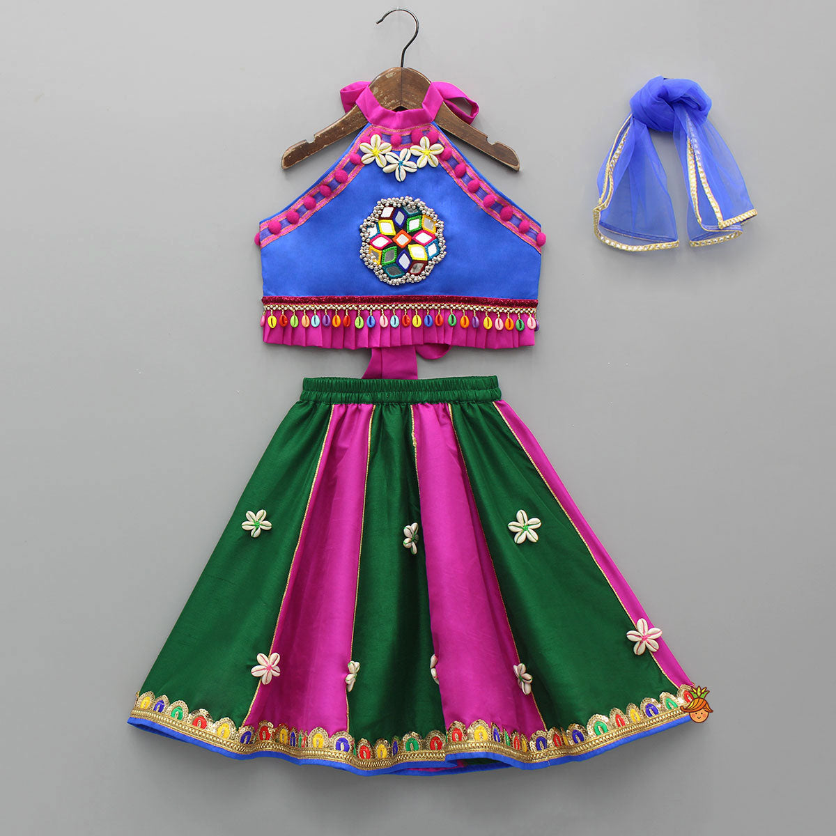Pre Order: Multicolour Embellished Mirror Work Top With Multicolour Lehenga And Dupatta
