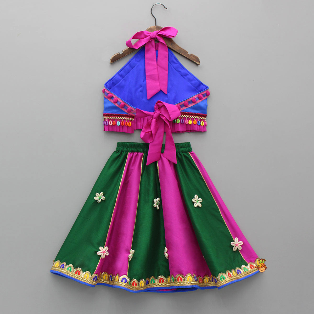 Pre Order: Multicolour Embellished Mirror Work Top With Multicolour Lehenga And Dupatta