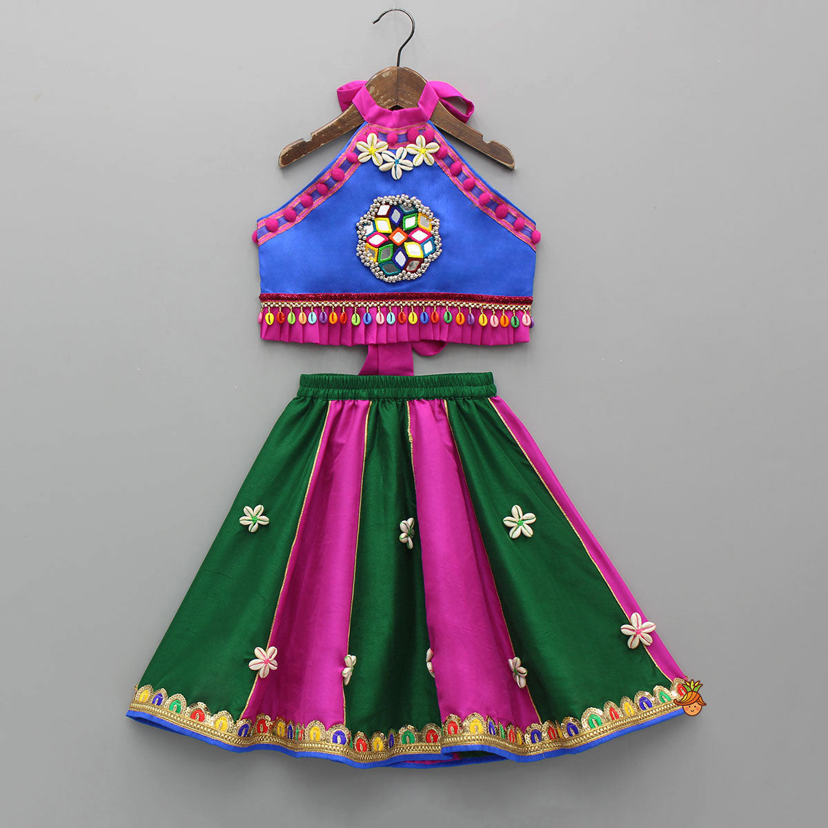 Pre Order: Multicolour Embellished Mirror Work Top With Multicolour Lehenga And Dupatta