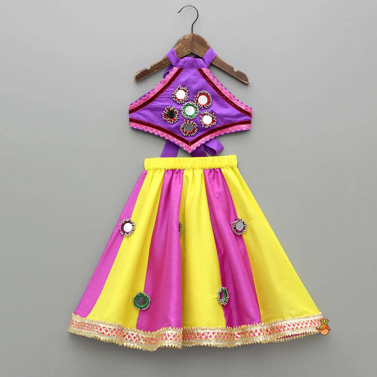 Pre Order: Stylish Mirror Embellished Halter Neck Top With Lehenga And Dupatta
